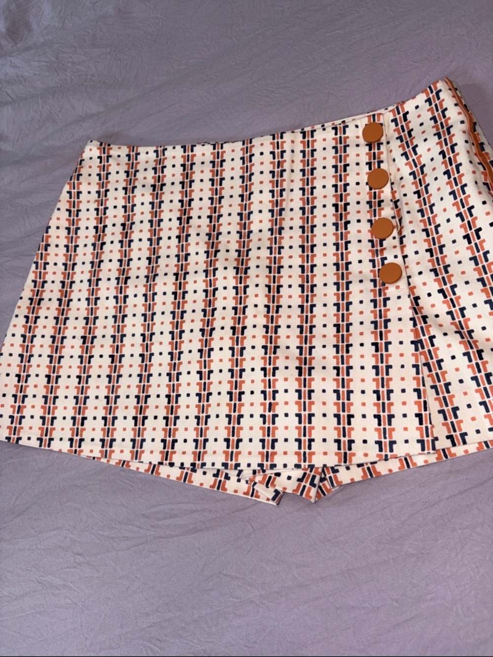 Tory Burch Cream Navy and Rust Printed Skort with Button Detail